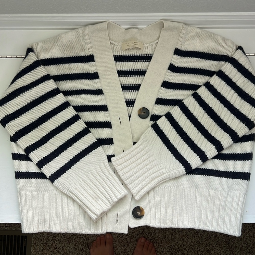 SEZANE Classic Navy Ecru Striped Wilson Cardigan Preppy Knit Sweater XXS